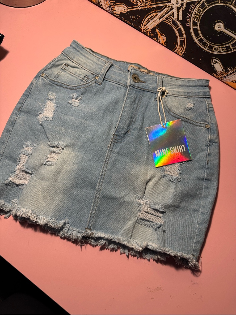 Light Blue Distressed Denim Mini Skirt